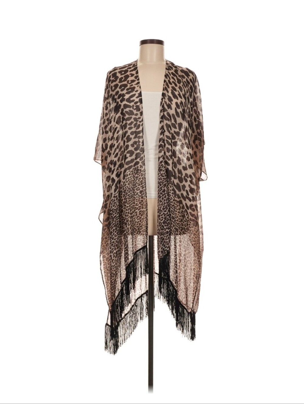 Kensie Leopard Print Sheer Fringe Kimono Open Front Boho Cover Up One Size